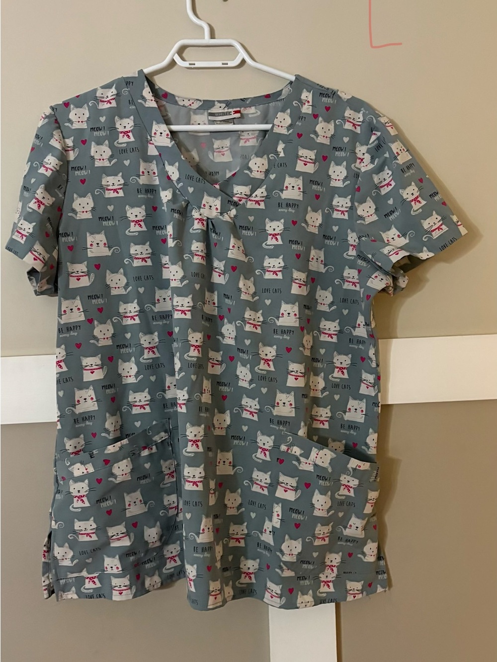 Women's Grey Cat Print Scrub Top Size L